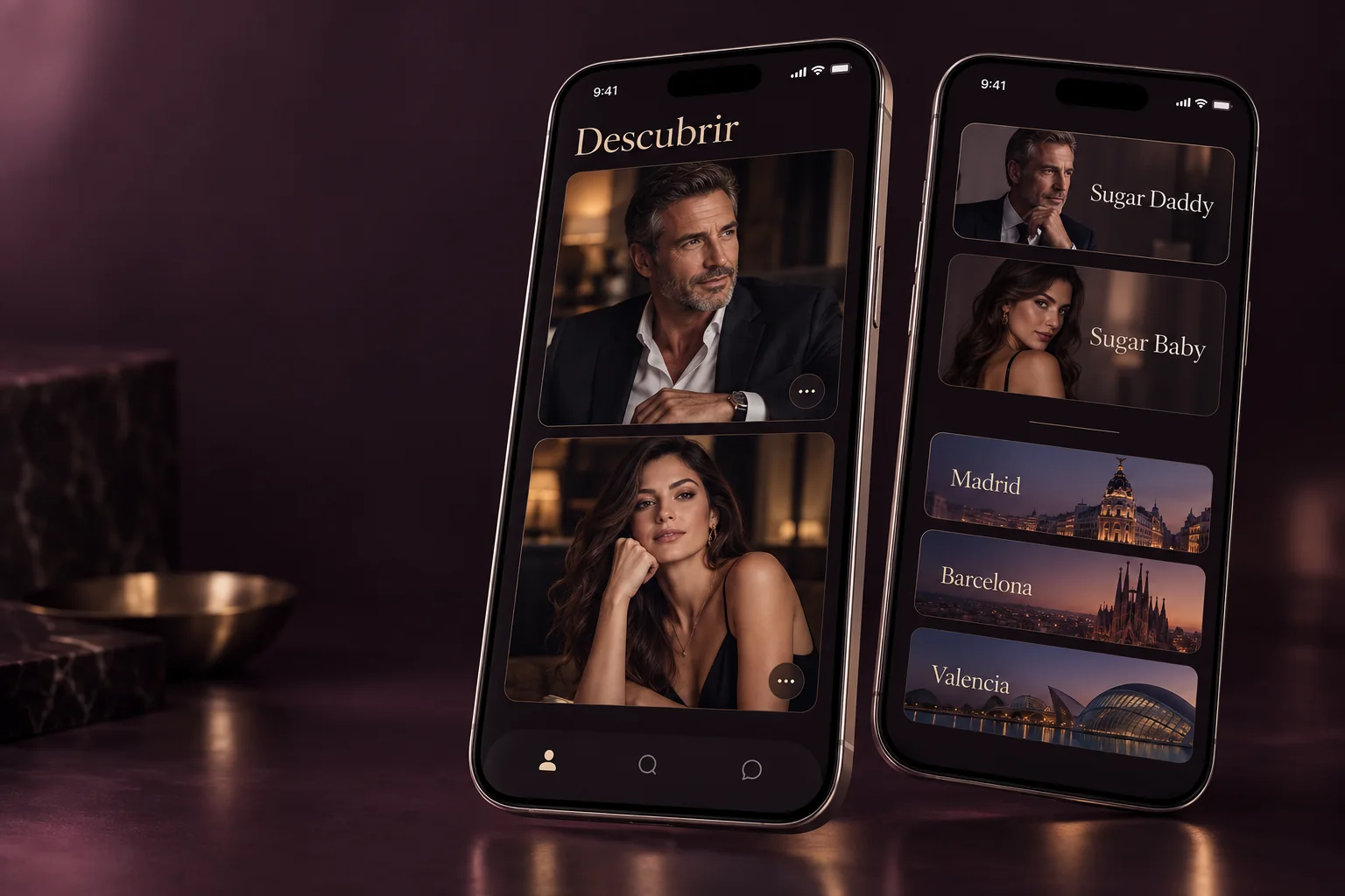 Concepto ilustrativo de una app de Sugar Dating en español con perfiles y selección por ciudad