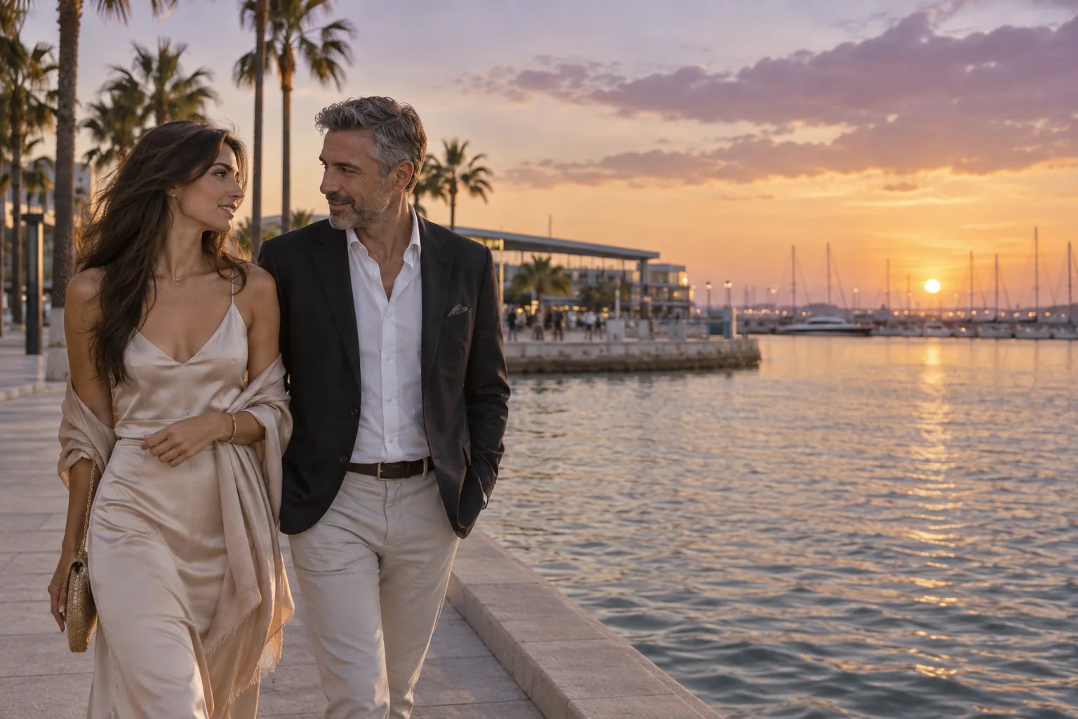 Pareja adulta pasea y conversa junto a la Marina de Valencia al atardecer; escena ilustrativa