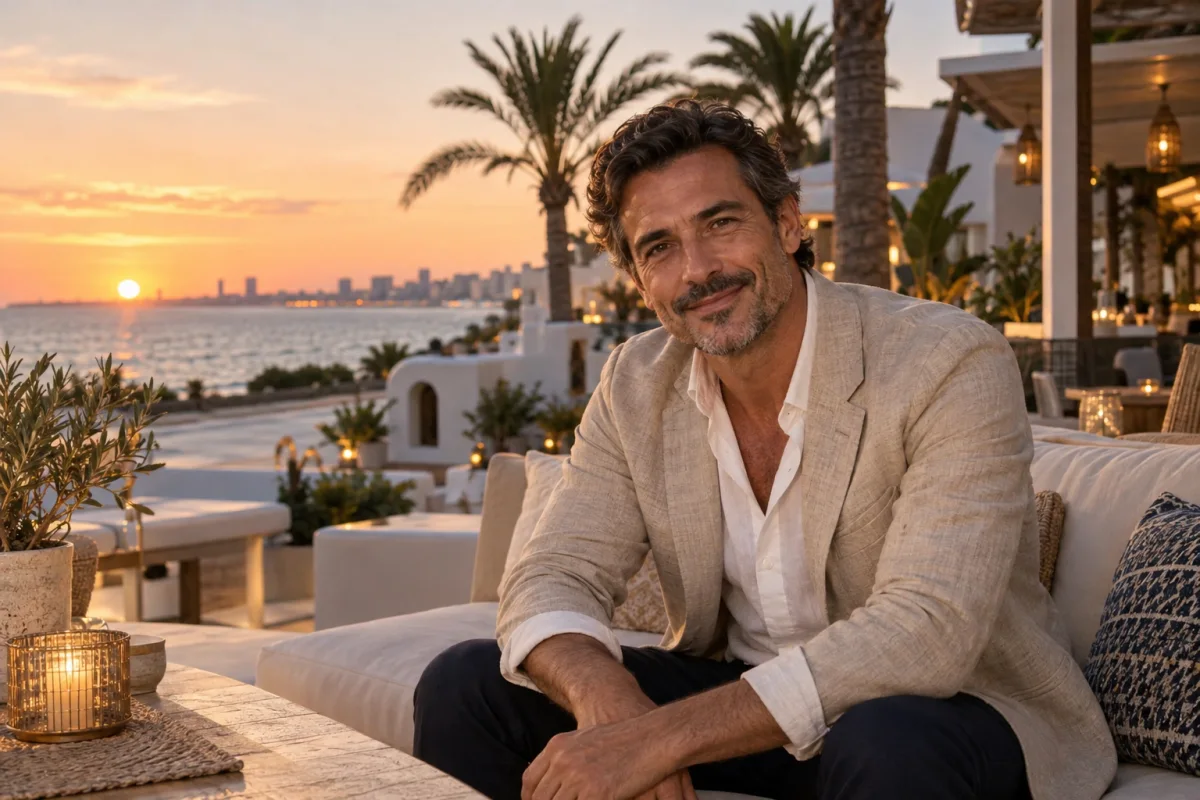 Hombre adulto en una terraza frente al mar en Valencia; escena ilustrativa